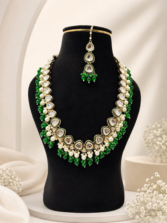 Royal Emerald Green Beaded Pure Kundan Long Bridal Necklace Set with Maang Tikka & Earrings