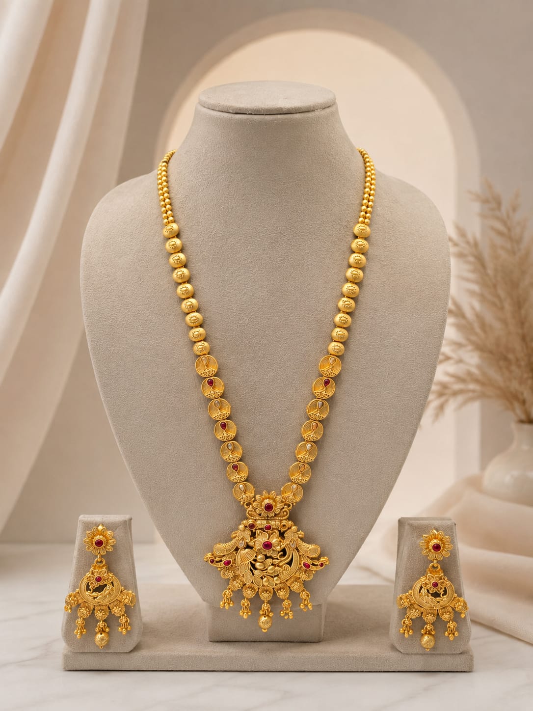 Royal Matte Gold Temple Kasu Mala & Peacock Pendant Long Haram Necklace Set with Earrings