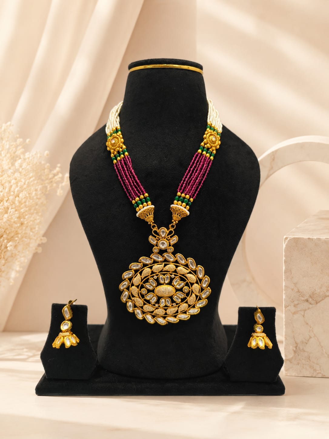 Luxury Ruby-Red Crystal & Pure Kundan Oval Medallion Long Necklace Set with Jhumkas