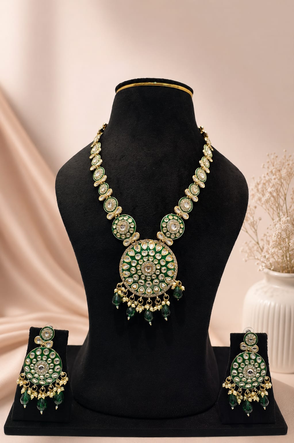 Royal Emerald Green Meenakari & Kundan Circular Medallion Long Necklace Set with Earrings