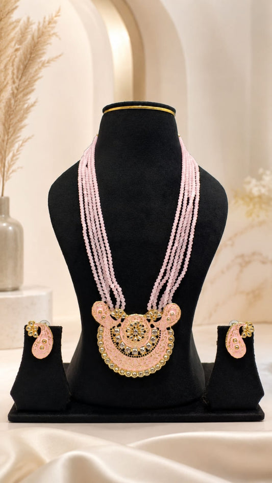 Baby Pink Meenakari & Kundan Crescent Pendant Long Necklace Set with Earrings