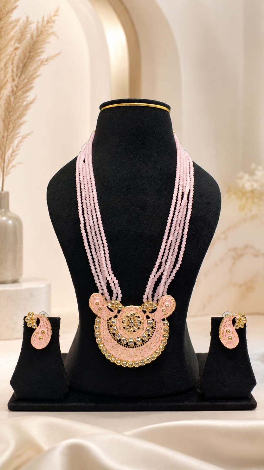 Baby Pink Meenakari & Kundan Crescent Pendant Long Necklace Set with Earrings