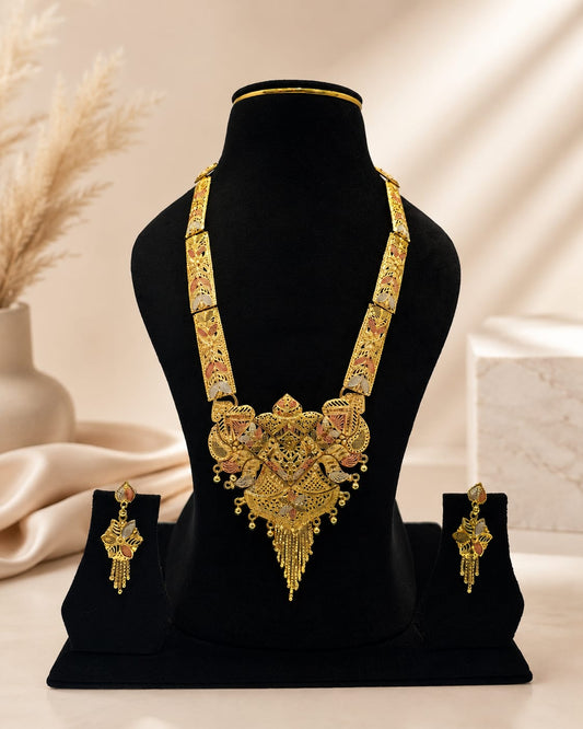 1 Gram Gold Plated Royal Filigree Long Haram Necklace Set with Meena Touch & Earrings