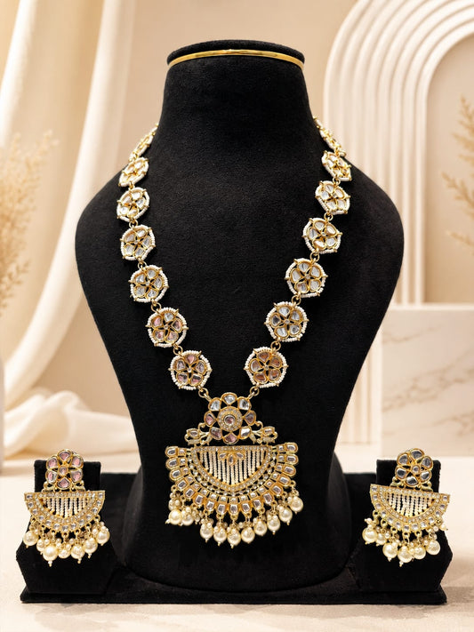 Heritage Pure Kundan & Pearl Crescent Medallion Long Necklace Set with Earrings