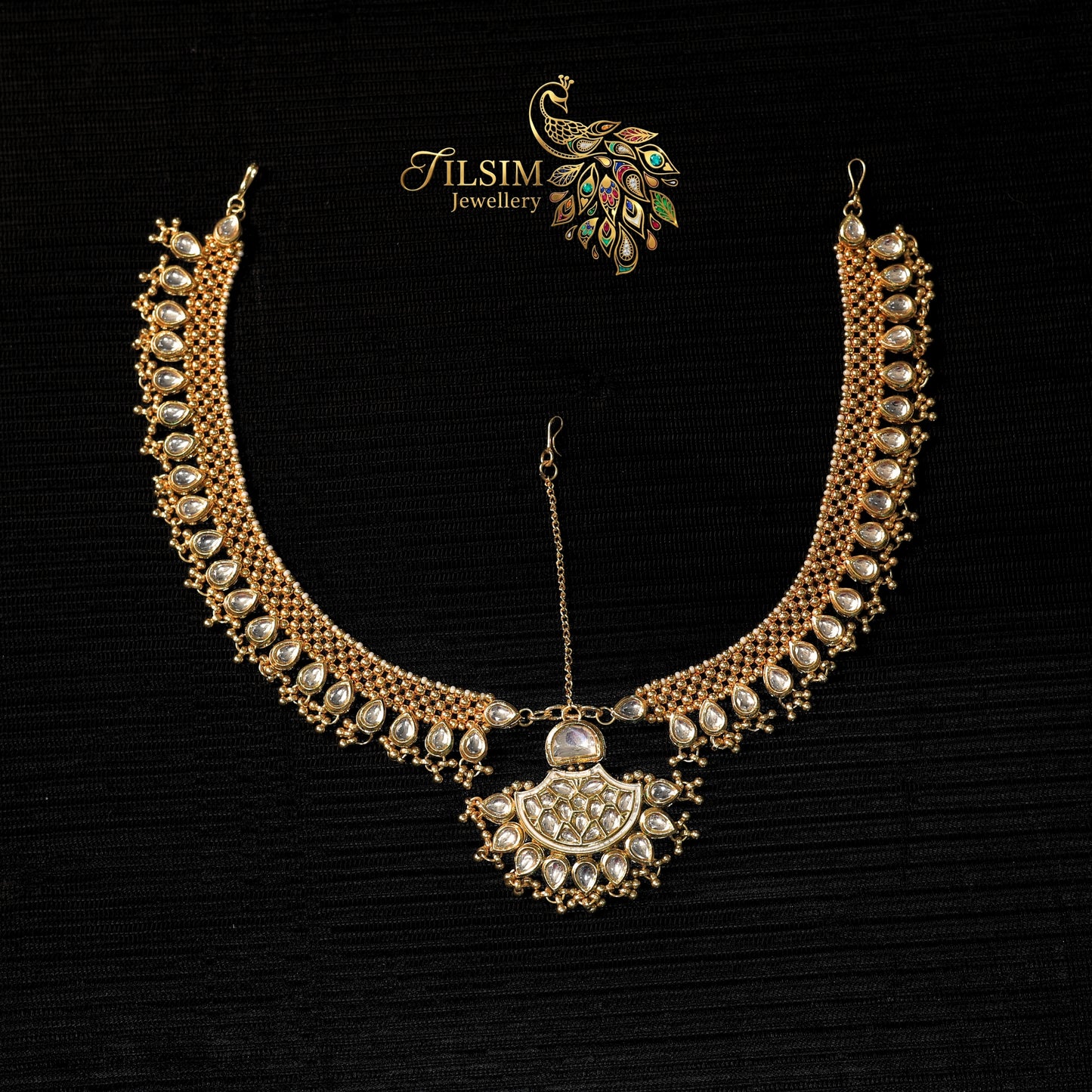 Pachi Kundan Bridal Jewellery Set with Maang Tikka – Gold Plated with Green Crystals