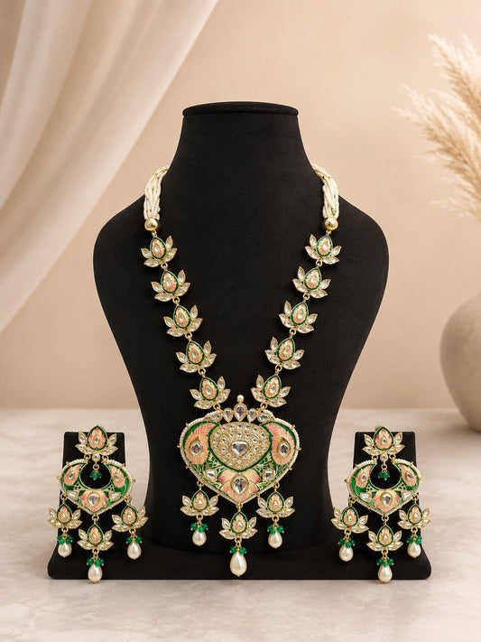 Luxury Green & Peach Meenakari Lotus Motif Pure Kundan Long Necklace Set with Chandbali Earrings