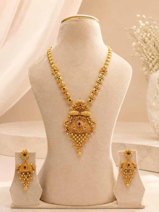 Royal Matte Gold Temple Filigree Long Haram Necklace Set with Meena Touch & Earrings
