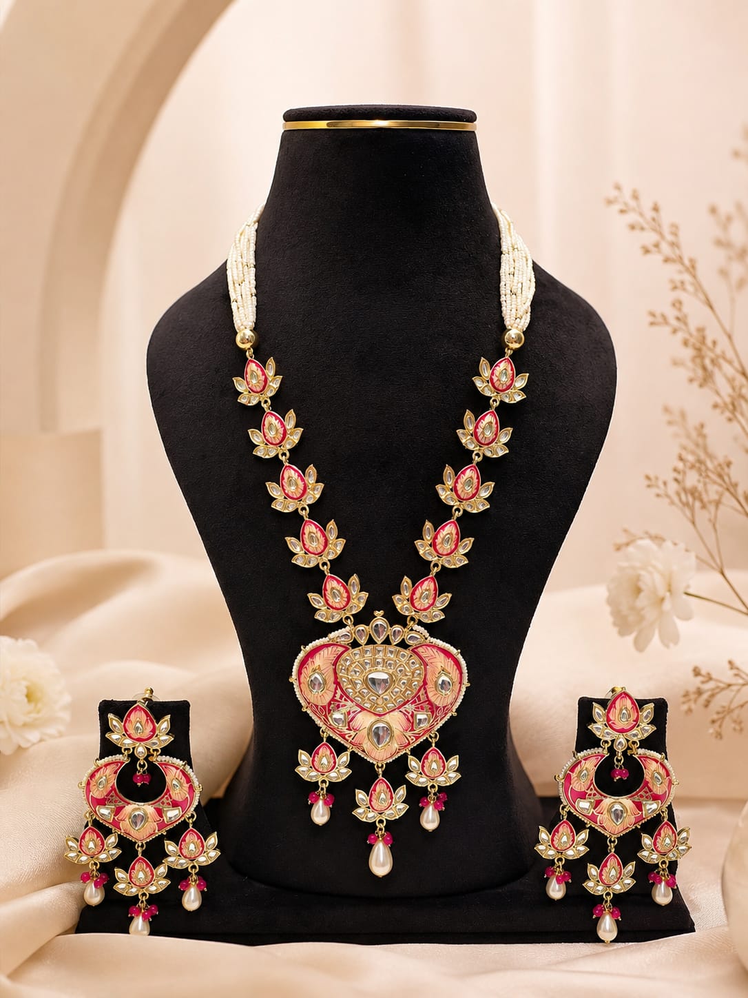 Luxury Rani Pink & Peach Meenakari Lotus Motif Pure Kundan Long Necklace Set with Chandbali Earrings