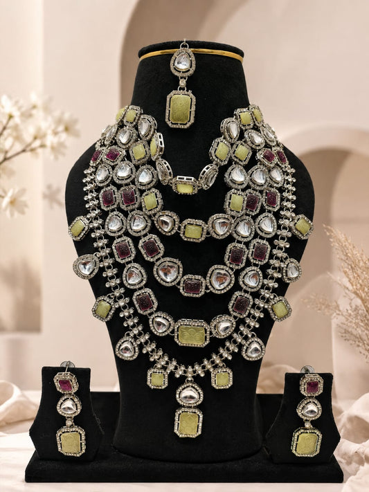 Regal Multi-Layered Kundan & Carved Pastel Stone Bridal Haar Set with Earrings & Maang Tikka