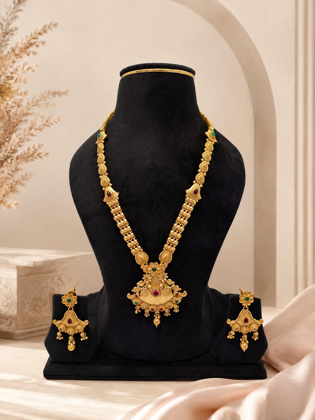 Royal Matte Gold Temple Floral Haram Long Necklace Set with Ruby-Emerald Accents & Earrings