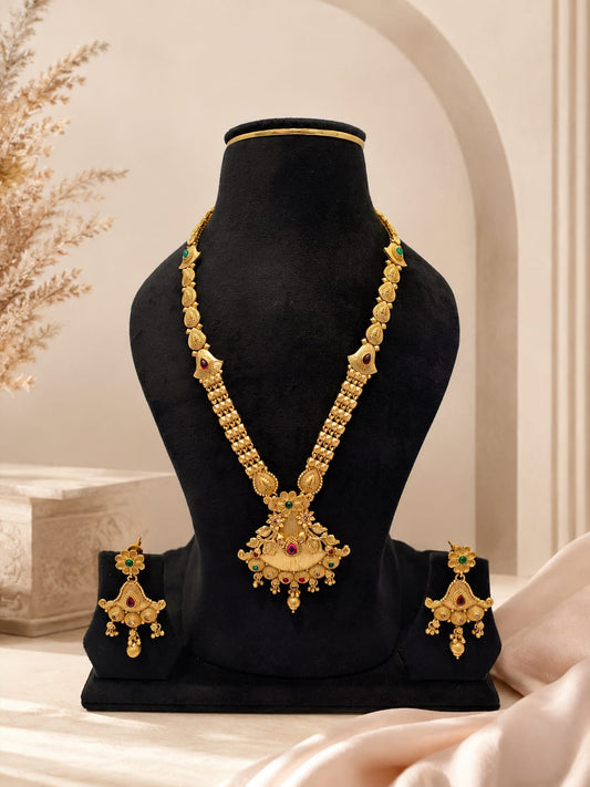 Royal Matte Gold Temple Floral Haram Long Necklace Set with Ruby-Emerald Accents & Earrings