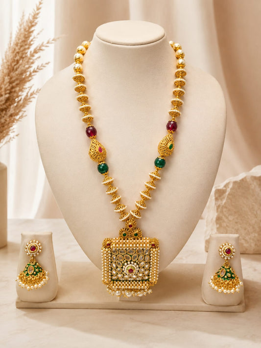 Antique Brass Square Kundan & Pearl Long Mala Necklace Set with Meenakari Jhumkas