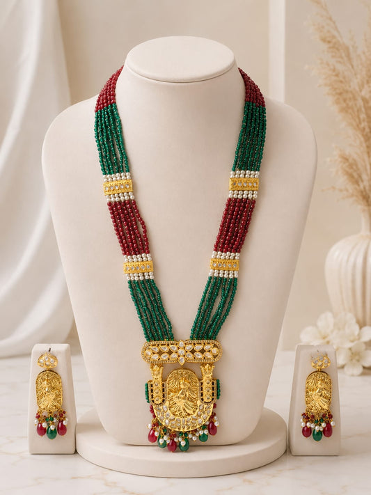 Luxury Multi-Strand Green & Maroon Beaded Pacchi Kundan Temple Figure Long Haram Necklace Set with Earrings