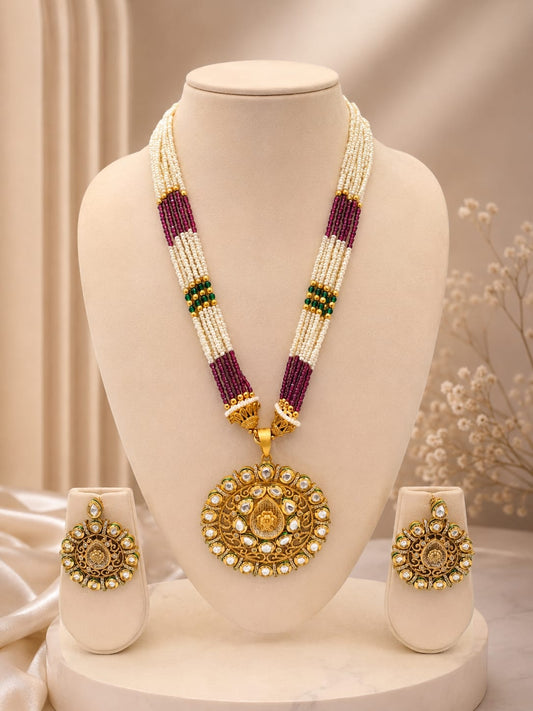 Luxury Multi-Strand Pearl & Ruby Crystal Kundan Temple Medallion Long Necklace Set with Earrings