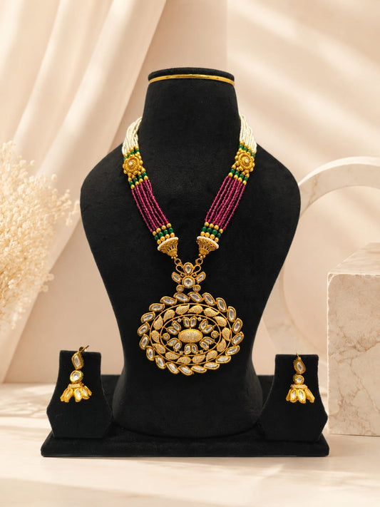 Luxury Ruby-Red Crystal & Pure Kundan Oval Medallion Long Necklace Set with Jhumkas