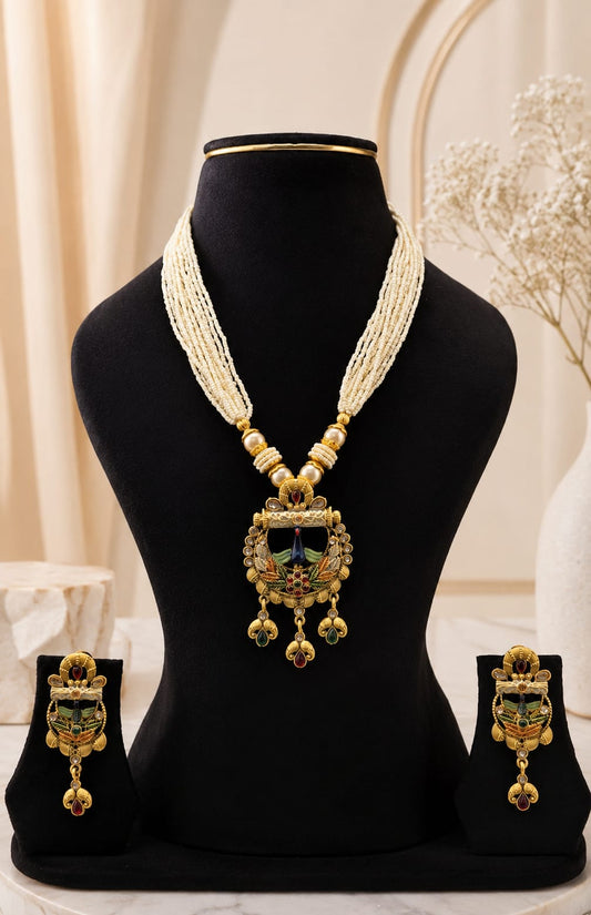 Antique Brass Multi-Strand Pearl Peacock Meenakari Long Necklace Set with Earrings