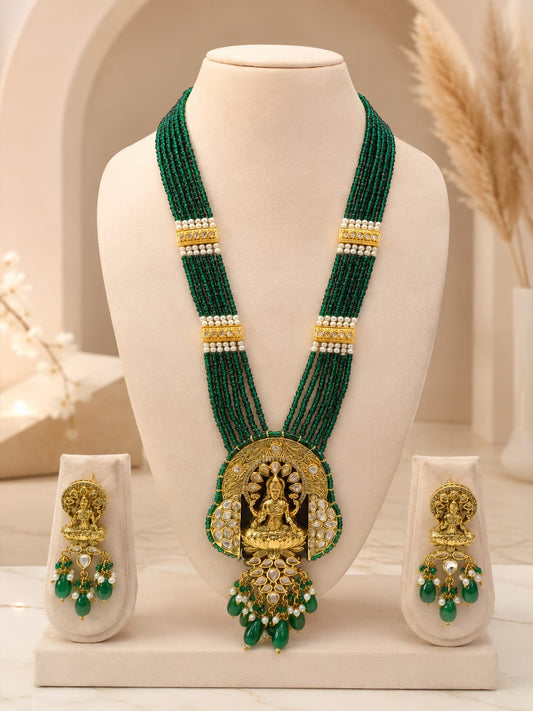 Luxury Emerald Green Crystal Beaded Pacchi Kundan Temple Goddess Lakshmi Long Haram Necklace Set with Earrings
