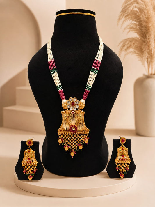 Royal Temple Architectural Bell Pendant Pearl & Bead Long Haram Necklace Set with Earrings