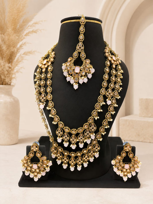 Antique Copper Finish Multi-Layer Kundan & Pastel Pink Bead Long Bridal Necklace Set with Earrings & Maang Tikka