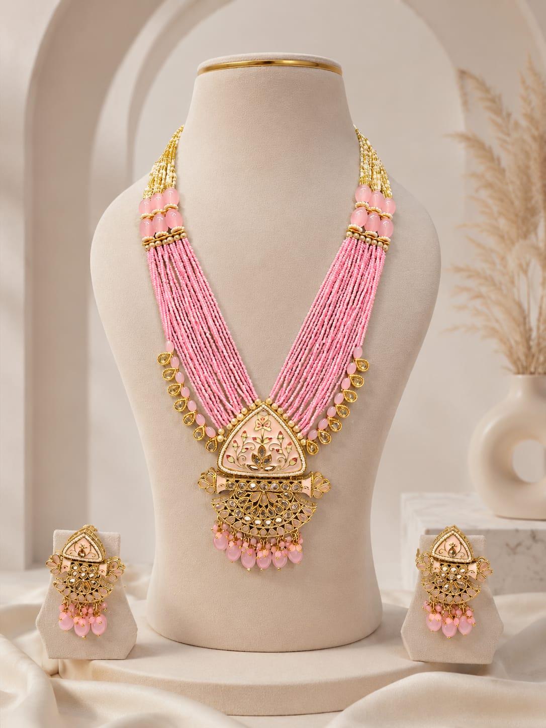 Luxury Multi-Strand Baby Pink Seed Bead & Floral Meenakari Kundan Long Necklace Set with Earrings