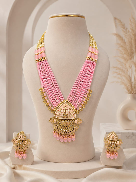 Luxury Multi-Strand Baby Pink Seed Bead & Floral Meenakari Kundan Long Necklace Set with Earrings