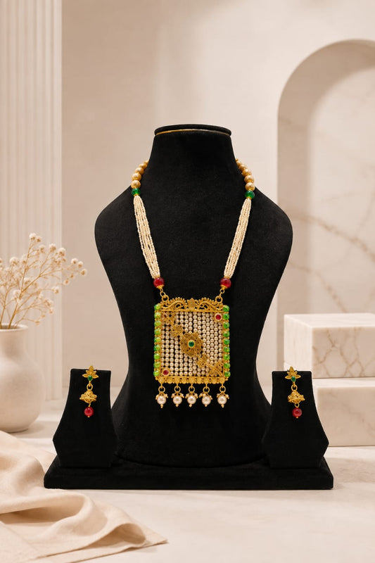 Antique Brass Square Pendant Pearl Rani Haar Long Set with Earrings
