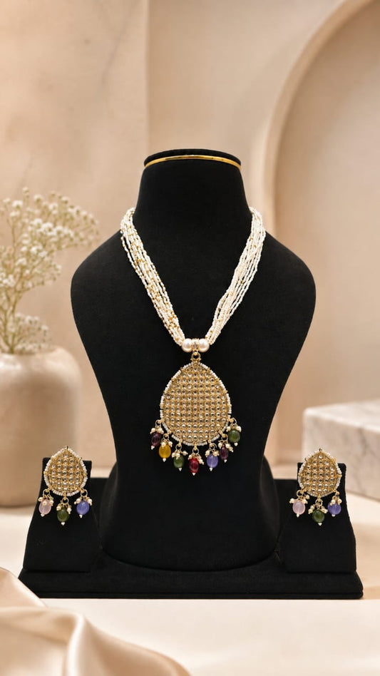 Antique Brass Kundan Teardrop Pendant Pearl Long Necklace Set with Matching Earring Tops