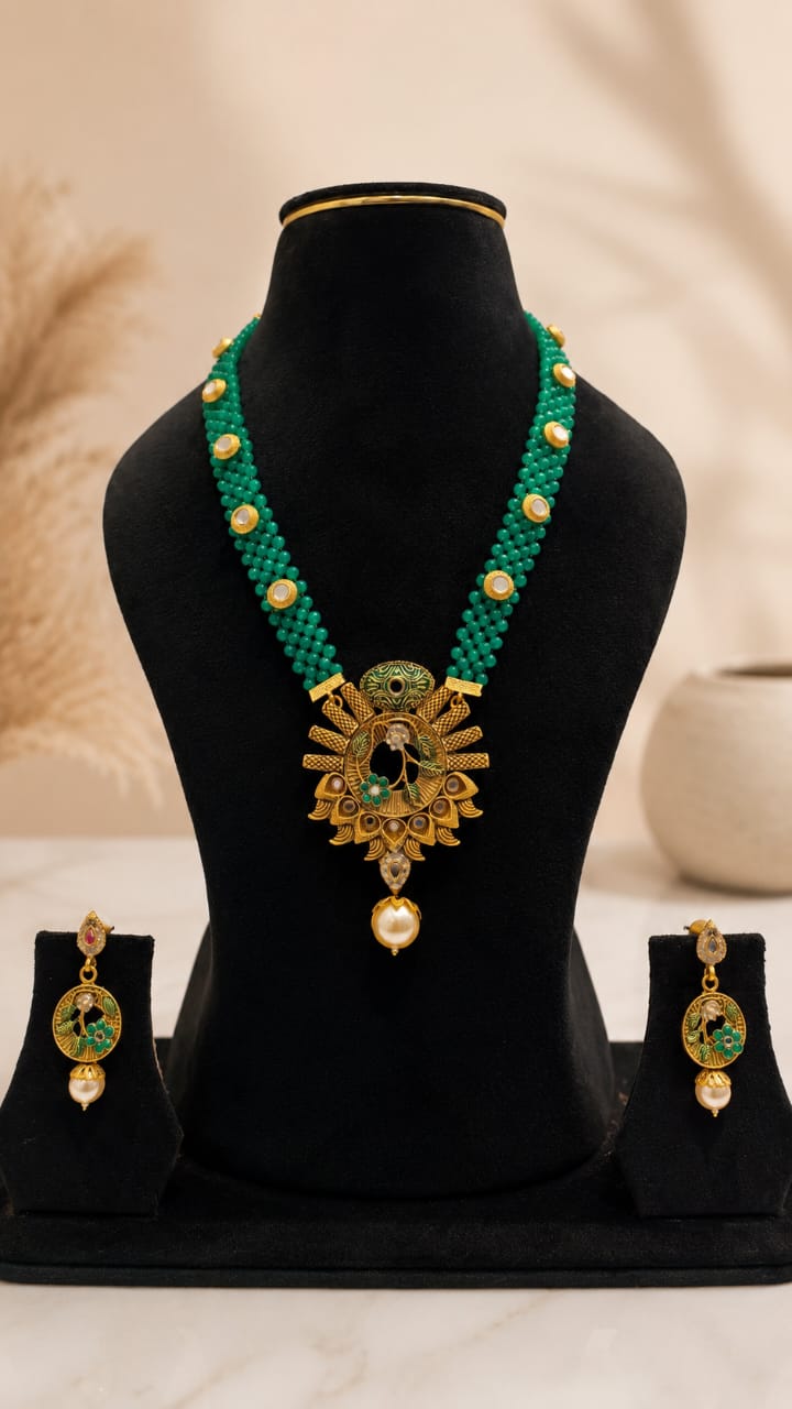Antique Brass Emerald Green Beaded Peacock Pendant Long Necklace Set with Earrings
