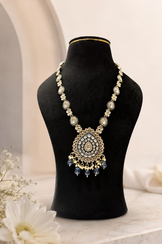 Royal Blue Meenakari & Silver Kundan Long Haram Necklace Set with Pearl Drops
