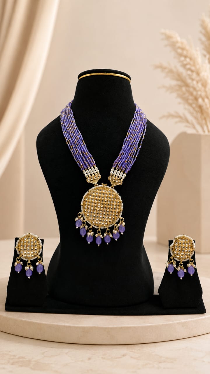 Lavender Purple Beaded Kundan Circular Medallion Long Necklace Set with Earrings