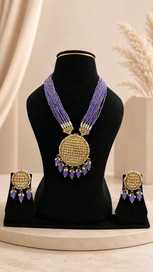 Lavender Purple Beaded Kundan Circular Medallion Long Necklace Set with Earrings