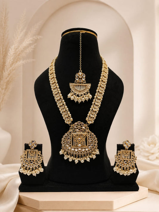 Regal Pure Kundan & Pearl Heritage Long Bridal Necklace Set with Earrings & Maang Tikka