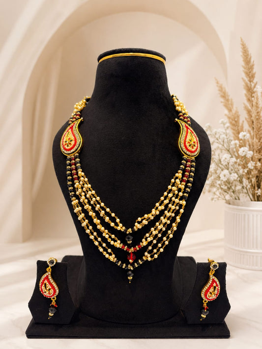 Traditional Multi-Strand Pearl & Tri-Tone Crystal Layered Long Necklace Set with Paisley Motifs & Earrings