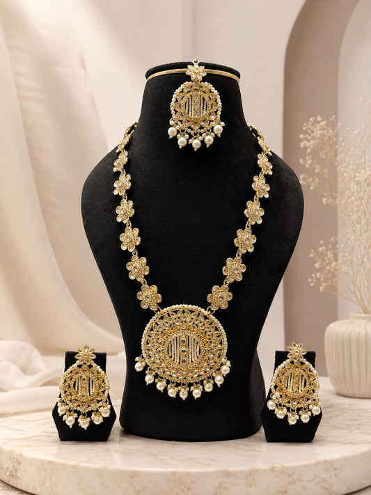 Title:  Regal Pure Kundan Floral Linked Chain Long Bridal Necklace Set with Earrings & Maang Tikka