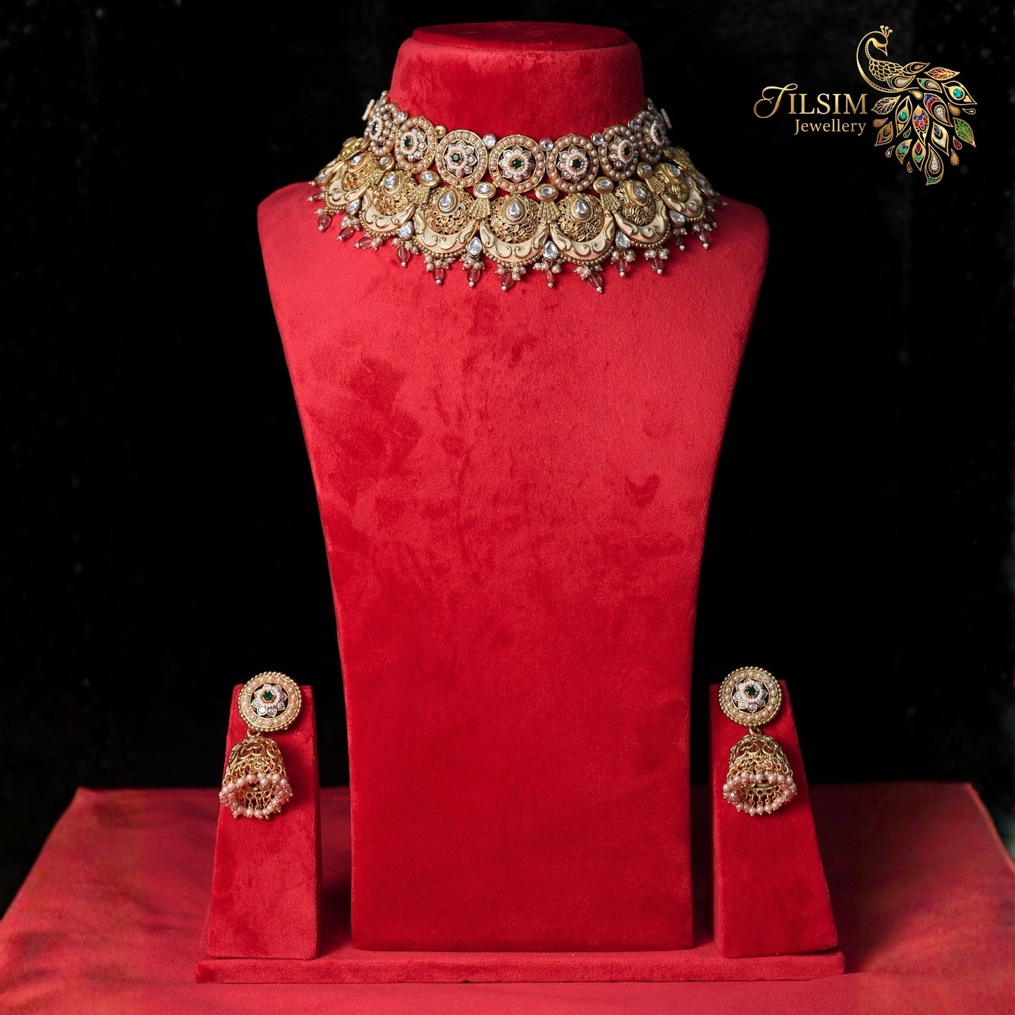 Rajwadi Brass Kundan Meena Choker Jewellery Set – Pearl Wedding Accessories