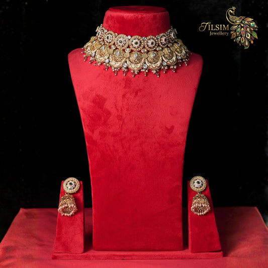 Rajwadi Brass Kundan Meena Choker Jewellery Set – Pearl Wedding Accessories