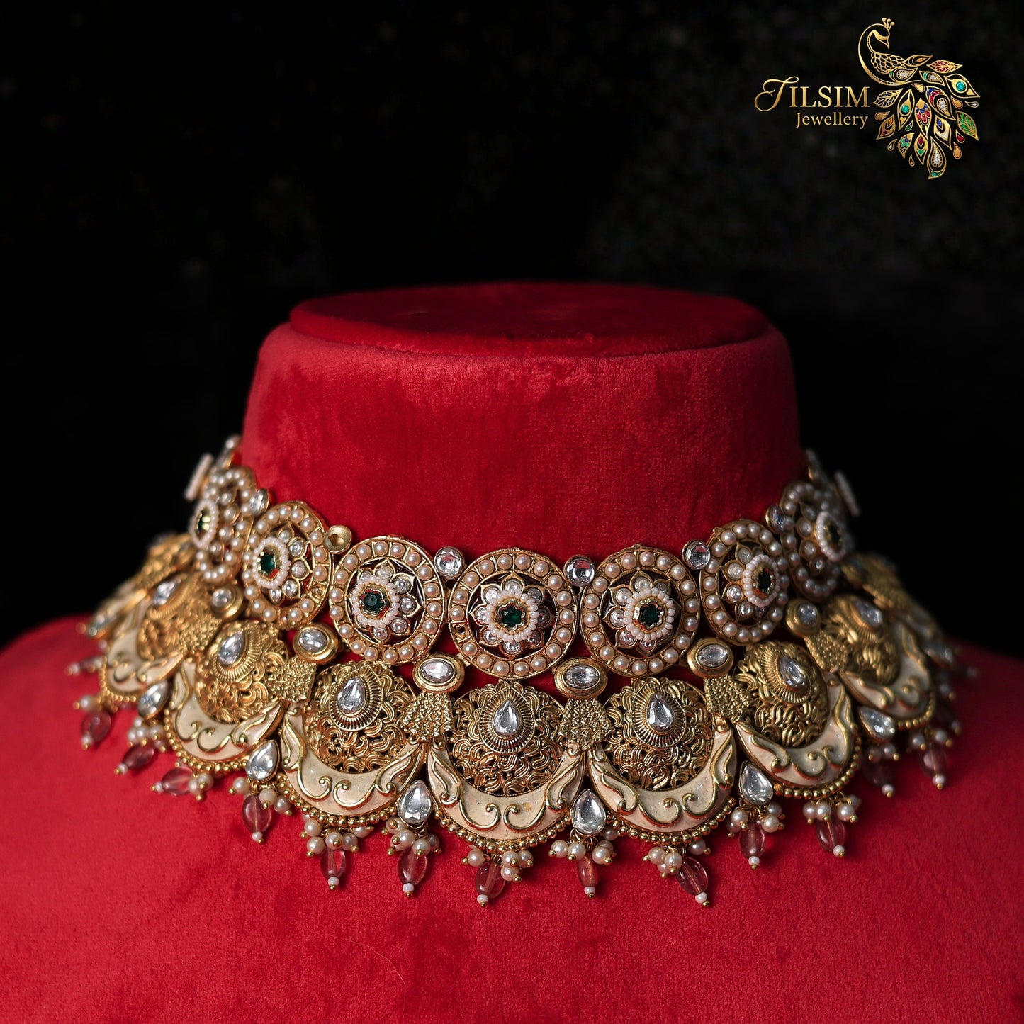 Rajwadi Brass Kundan Meena Choker Jewellery Set – Pearl Wedding Accessories