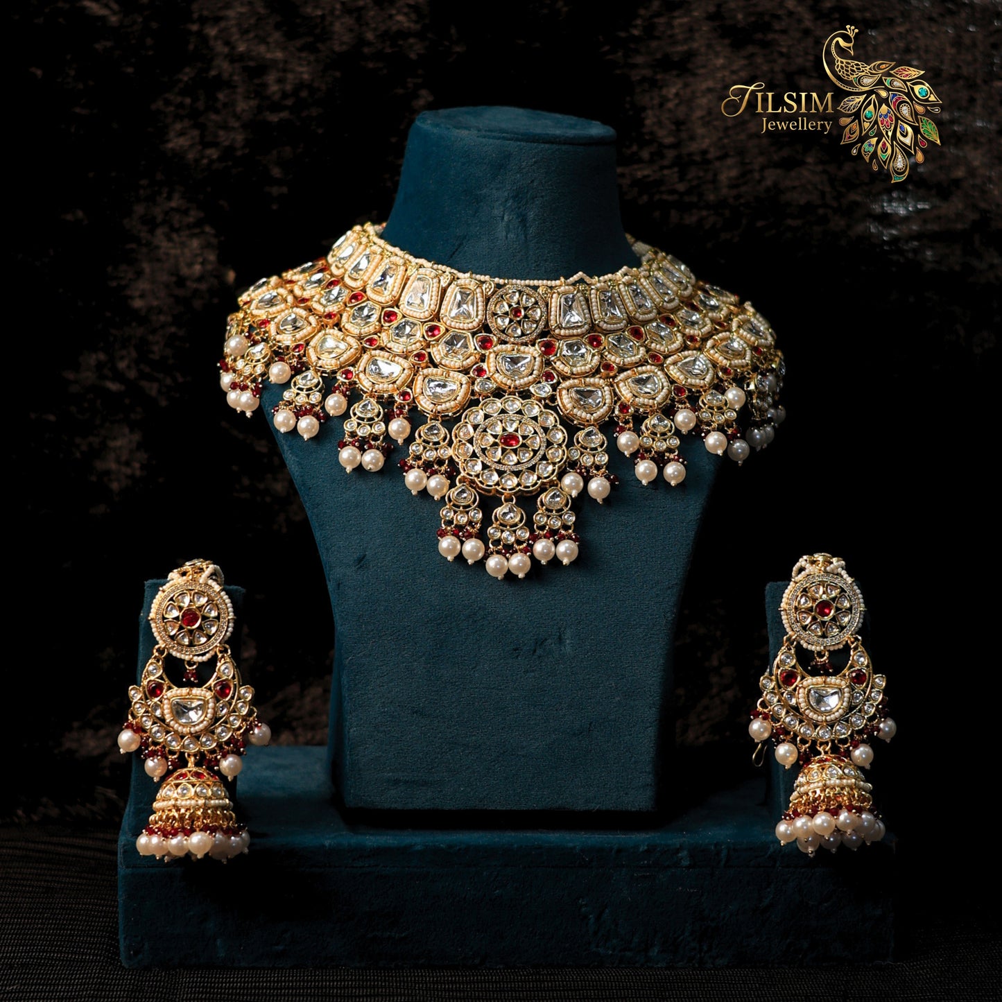 White Pearl & Red Stone Kundan Bridal Jewellery Set – Complete Wedding Accessories