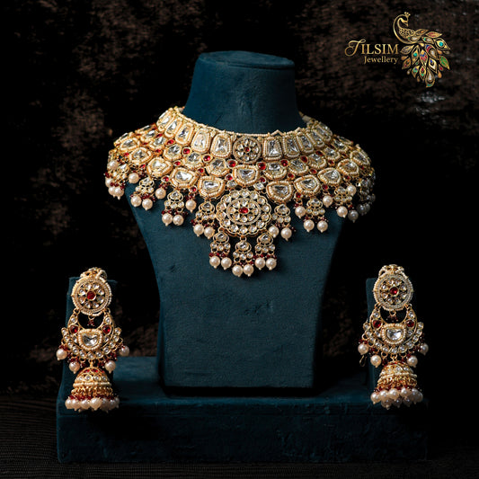 White Pearl & Red Stone Kundan Bridal Jewellery Set – Complete Wedding Accessories